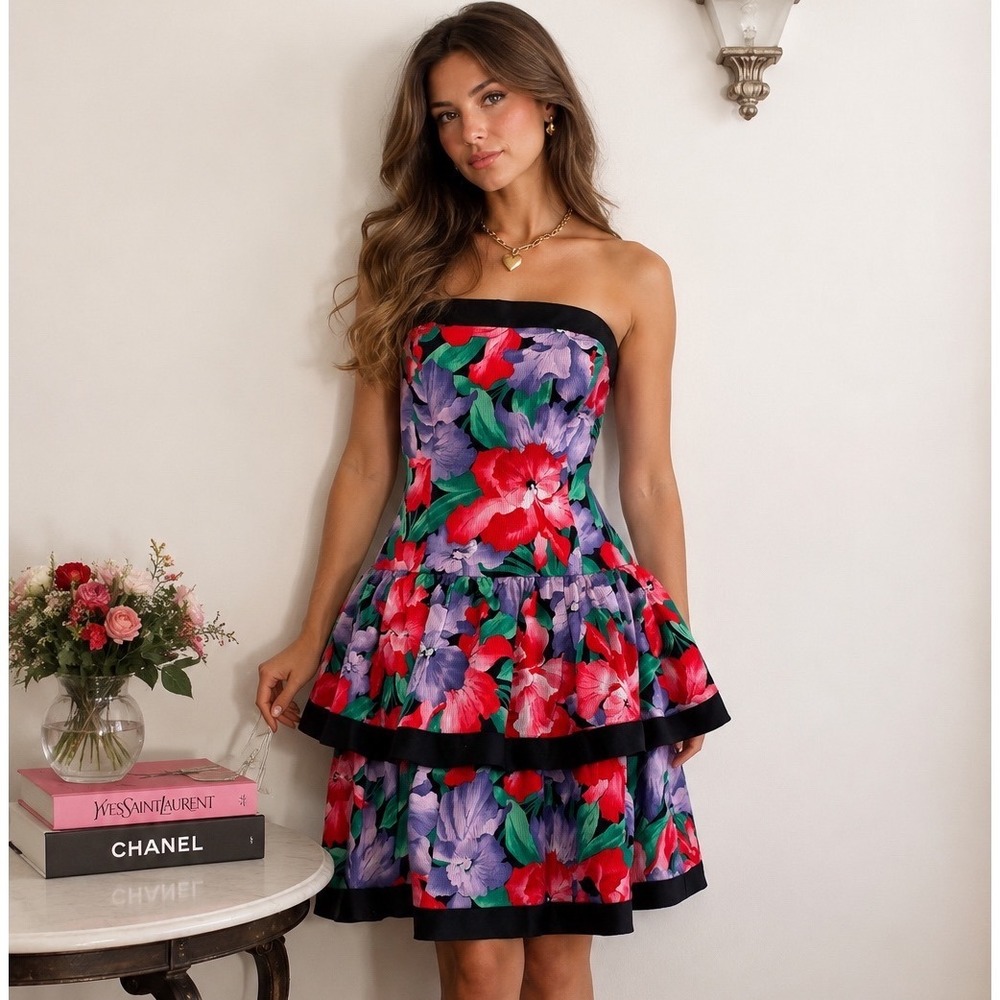 A.J. Bari Vintage 80s Strapless Floral Tiered Ruffle Cotton Dress Size 12 Multi